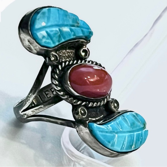 SALE * Signed - Angela Lee Fox, Vintage Sterling Silver Turquoise Coral Ring